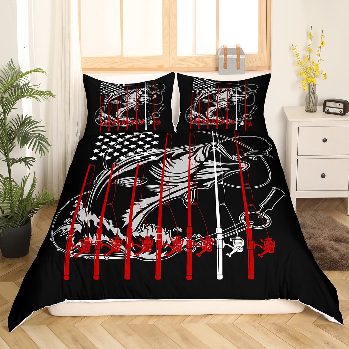 Black fishing duvet cover