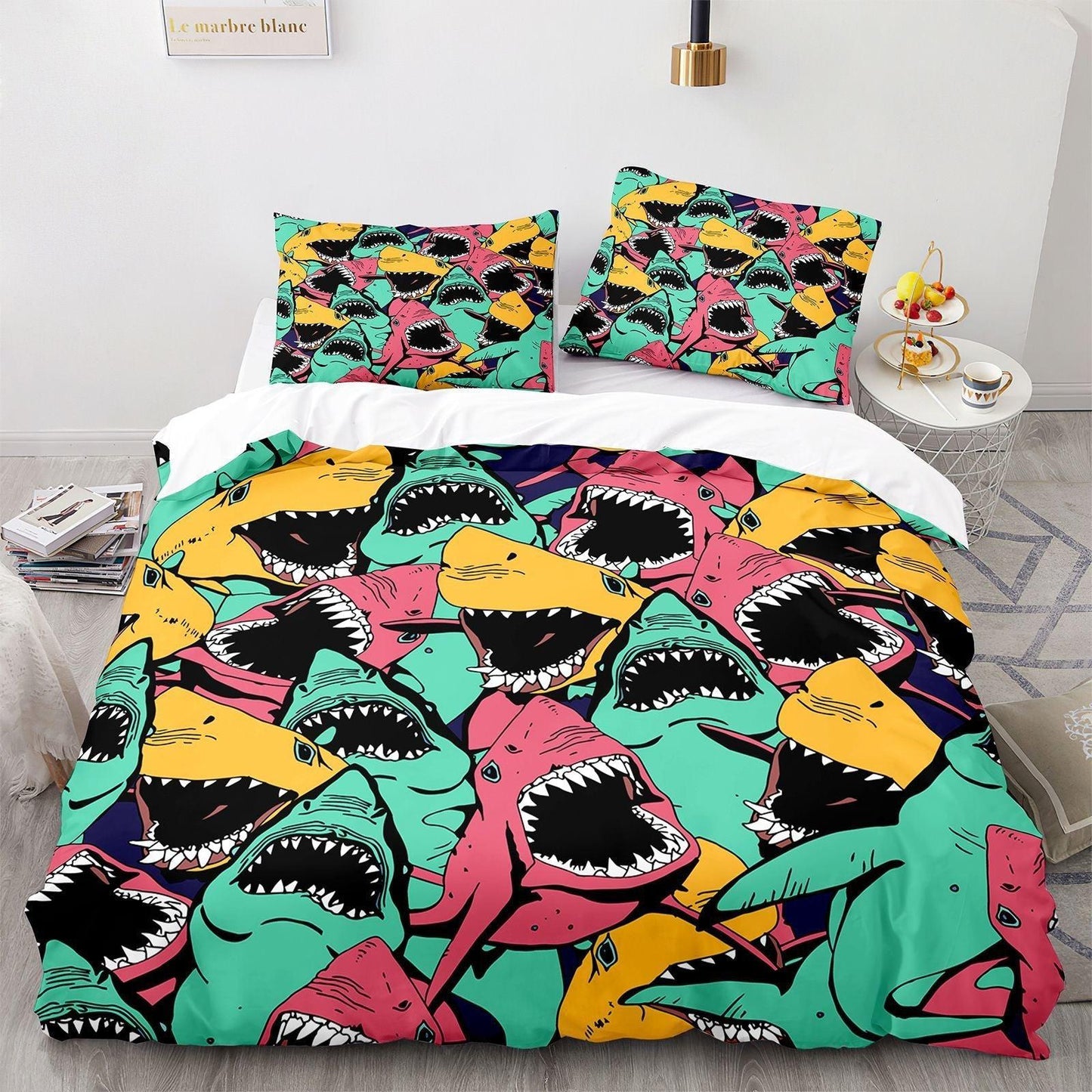 Multicolored shark duvet cover
