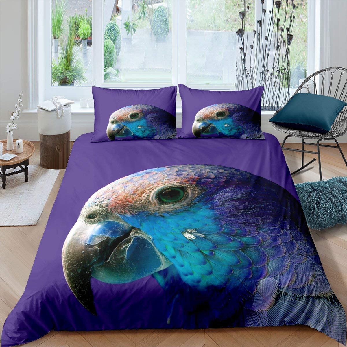 Purple parrot duvet cover